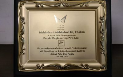 Award from mahindra nad mahindra to patvin for valued contribution in smooth productionisation with steep ramp up and setting benchmark quality in K block paint shop facility